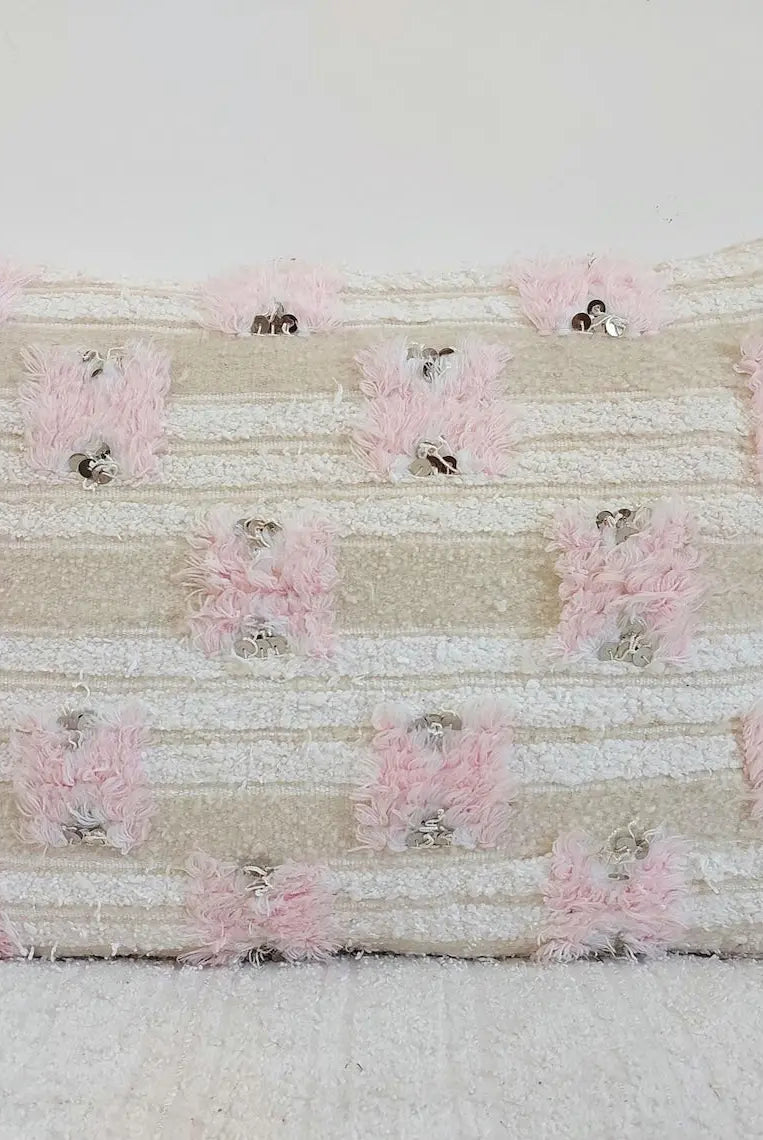 Handmade Moroccan Pink Berber Pillow Cover – 40x60 Cm | Vintage Wedding Blanket Cushion | Wool & Cotton With Sequins | Moroccanbazzarts MoroccanBazzArts