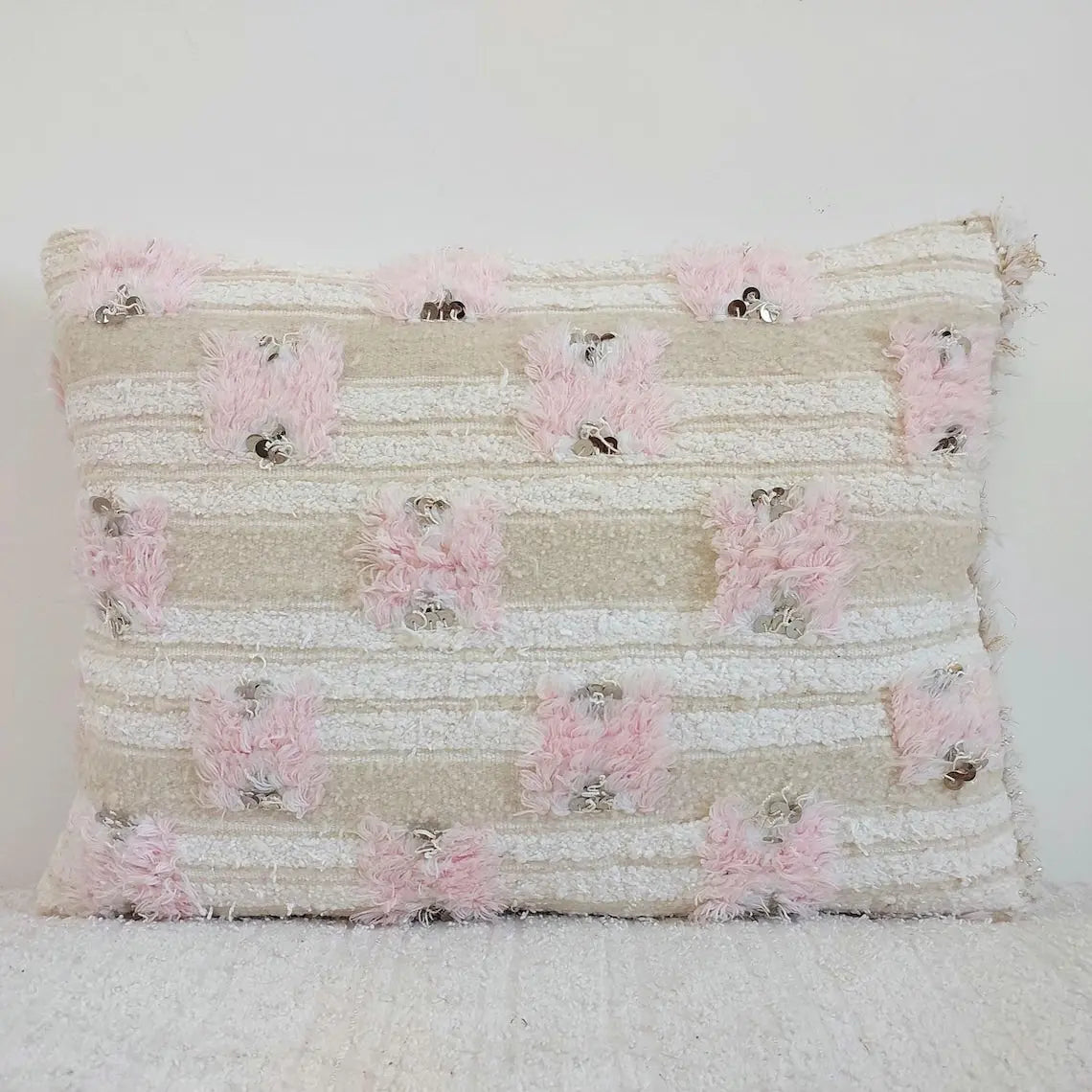 Handmade Moroccan Pink Berber Pillow Cover – 40x60 Cm | Vintage Wedding Blanket Cushion | Wool & Cotton With Sequins | Moroccanbazzarts MoroccanBazzArts