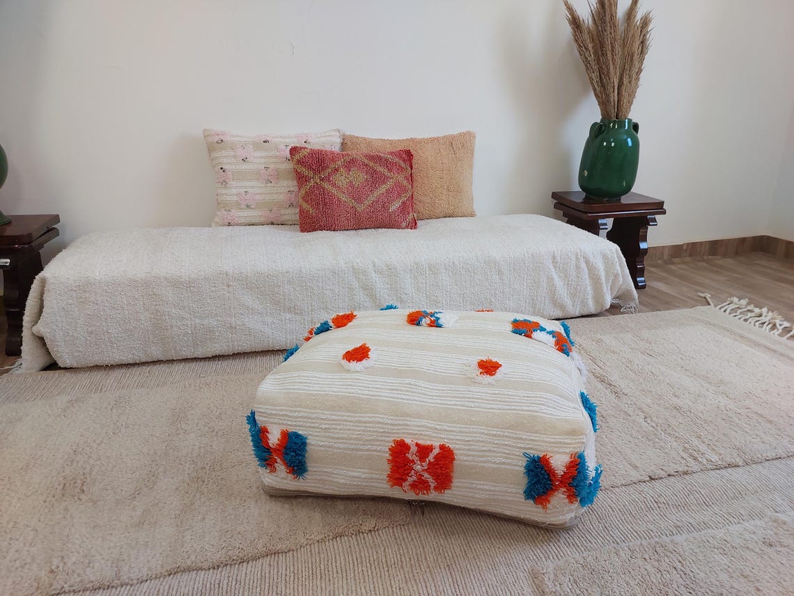 Handmade Moroccan Berber Blanket Pouf: Boho Chic Floor Ottoman, Unique Ethnic Home Decor, 70x60x20cm MoroccanBazzArts