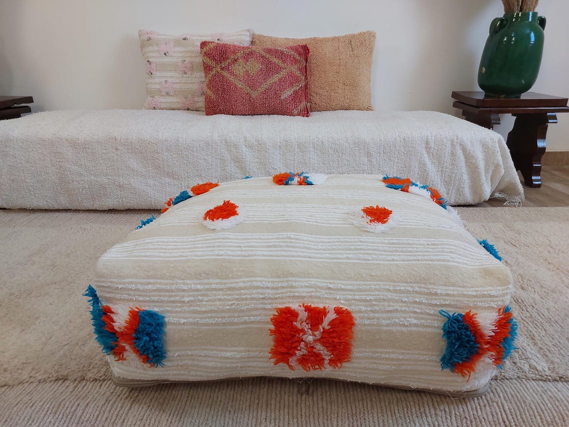 Handmade Moroccan Berber Blanket Pouf: Boho Chic Floor Ottoman, Unique Ethnic Home Decor, 70x60x20cm MoroccanBazzArts
