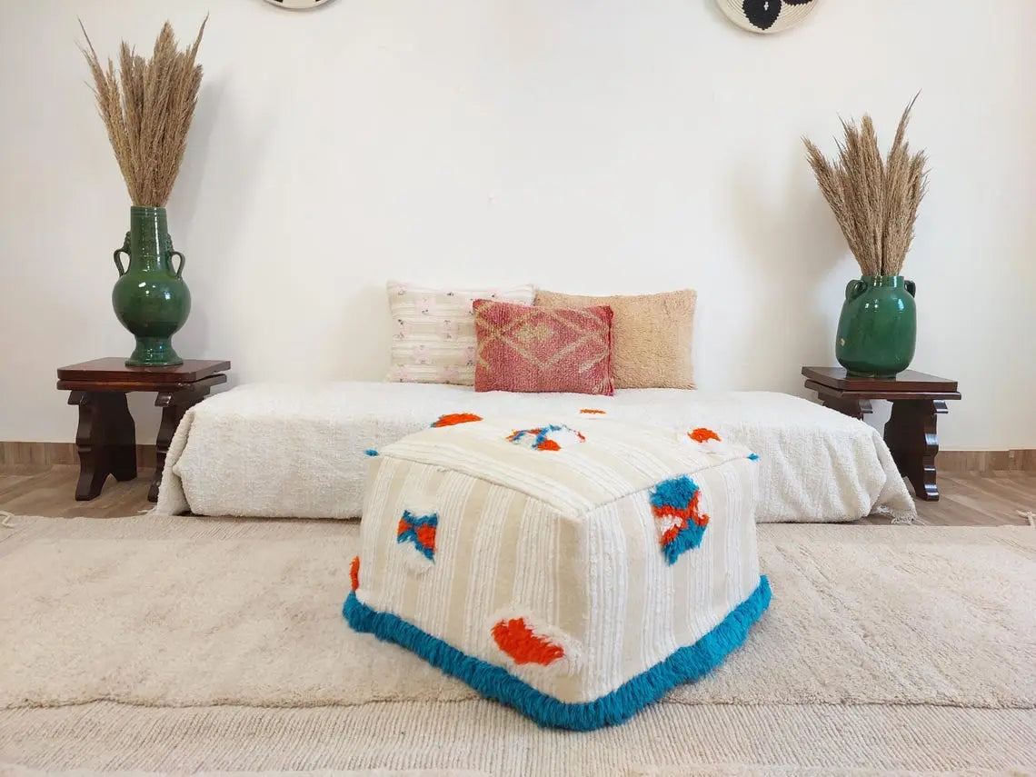 Handmade Moroccan Berber Pouf Ottoman - Bohemian Floor Cushion - Ethnic Home Decor - 60x60x33cm MoroccanBazzArts