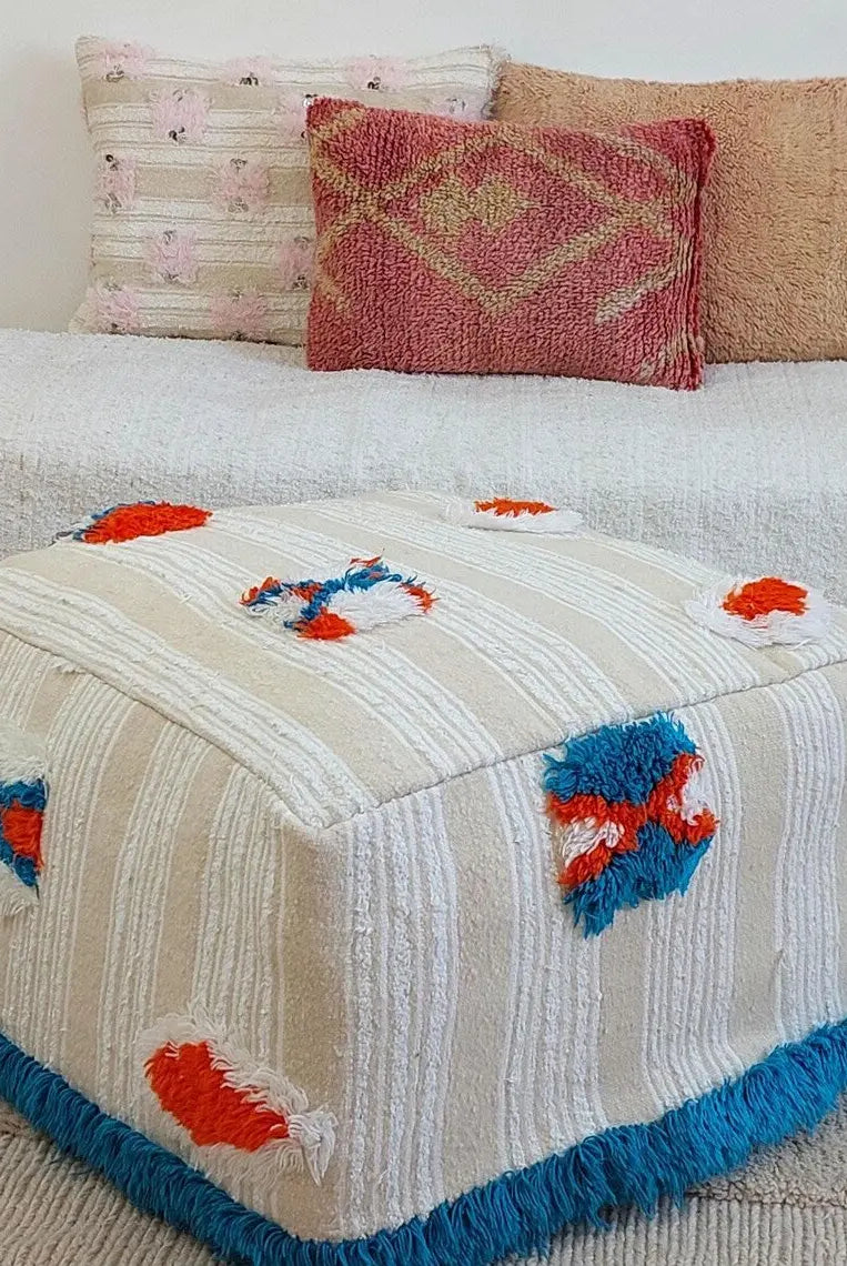 Handmade Moroccan Berber Pouf Ottoman - Bohemian Floor Cushion - Ethnic Home Decor - 60x60x33cm MoroccanBazzArts