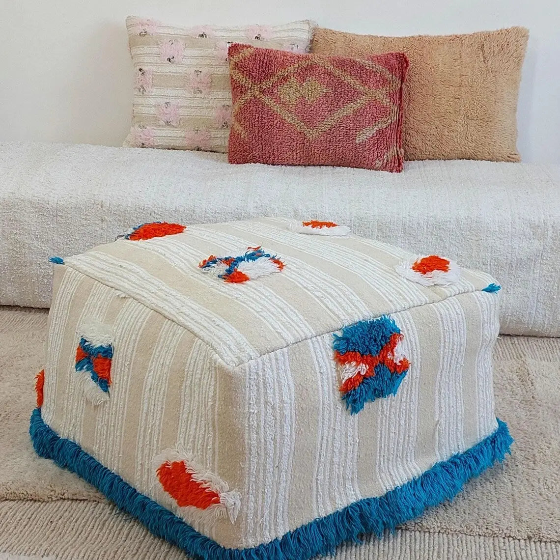 Handmade Moroccan Berber Pouf Ottoman - Bohemian Floor Cushion - Ethnic Home Decor - 60x60x33cm MoroccanBazzArts
