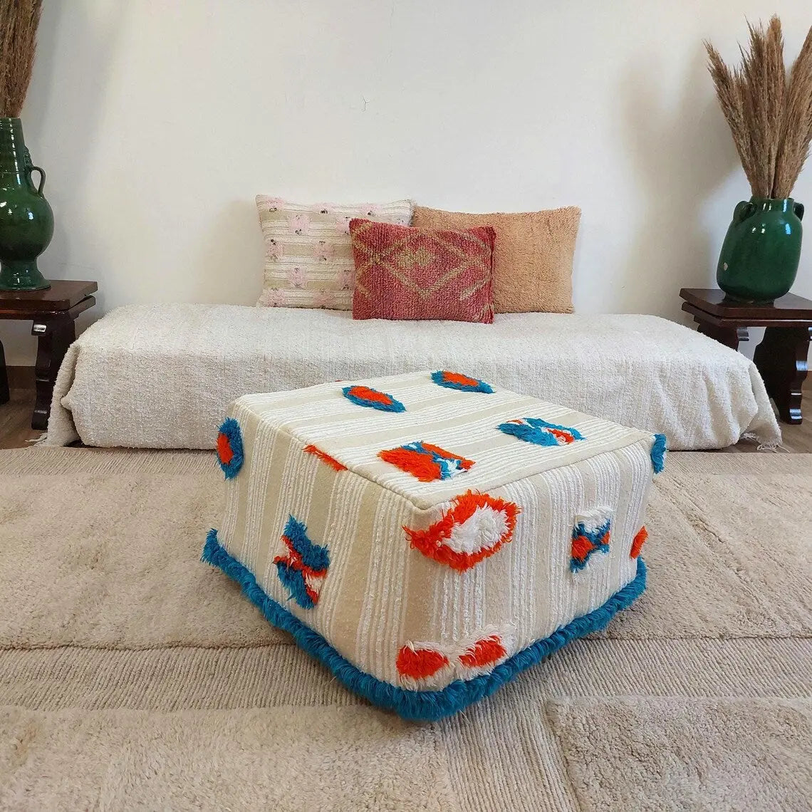 Authentic Moroccan Floor Pouf: Handmade Berber Blanket Ottoman For Boho Chic Home Decor (60x60x33cm) MoroccanBazzArts