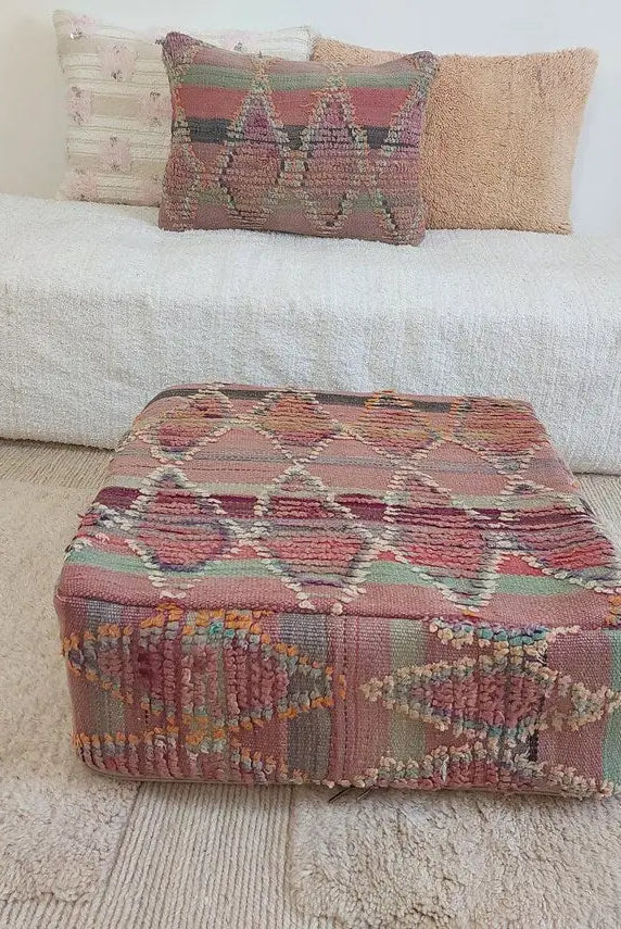 Moroccan Wool Pouf Purple Green: Square Artisanal Ottoman Floor Seat MoroccanBazzArts