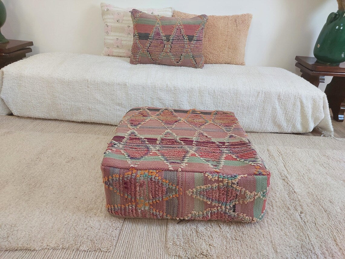 Moroccan Wool Pouf Purple Green: Square Artisanal Ottoman Floor Seat MoroccanBazzArts