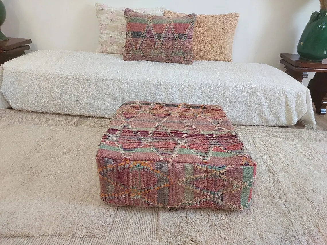 Moroccan Wool Pouf Purple Green: Square Artisanal Ottoman Floor Seat MoroccanBazzArts