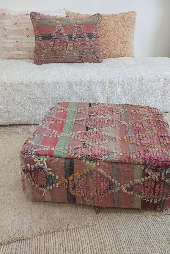 Moroccan Wool Pouf Purple Green: Square Artisanal Ottoman Floor Seat MoroccanBazzArts