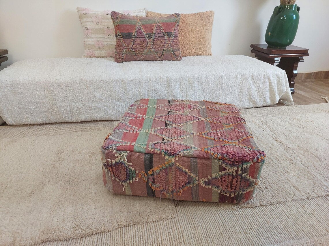 Moroccan Wool Pouf Purple Green: Square Artisanal Ottoman Floor Seat MoroccanBazzArts