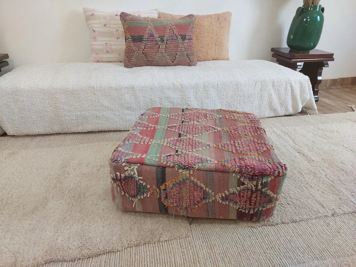 Moroccan Wool Pouf Purple Green: Square Artisanal Ottoman Floor Seat MoroccanBazzArts