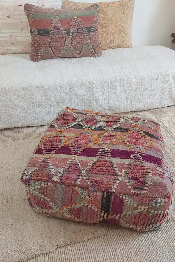 Moroccan Wool Pouf Purple Green: Square Artisanal Ottoman Floor Seat MoroccanBazzArts