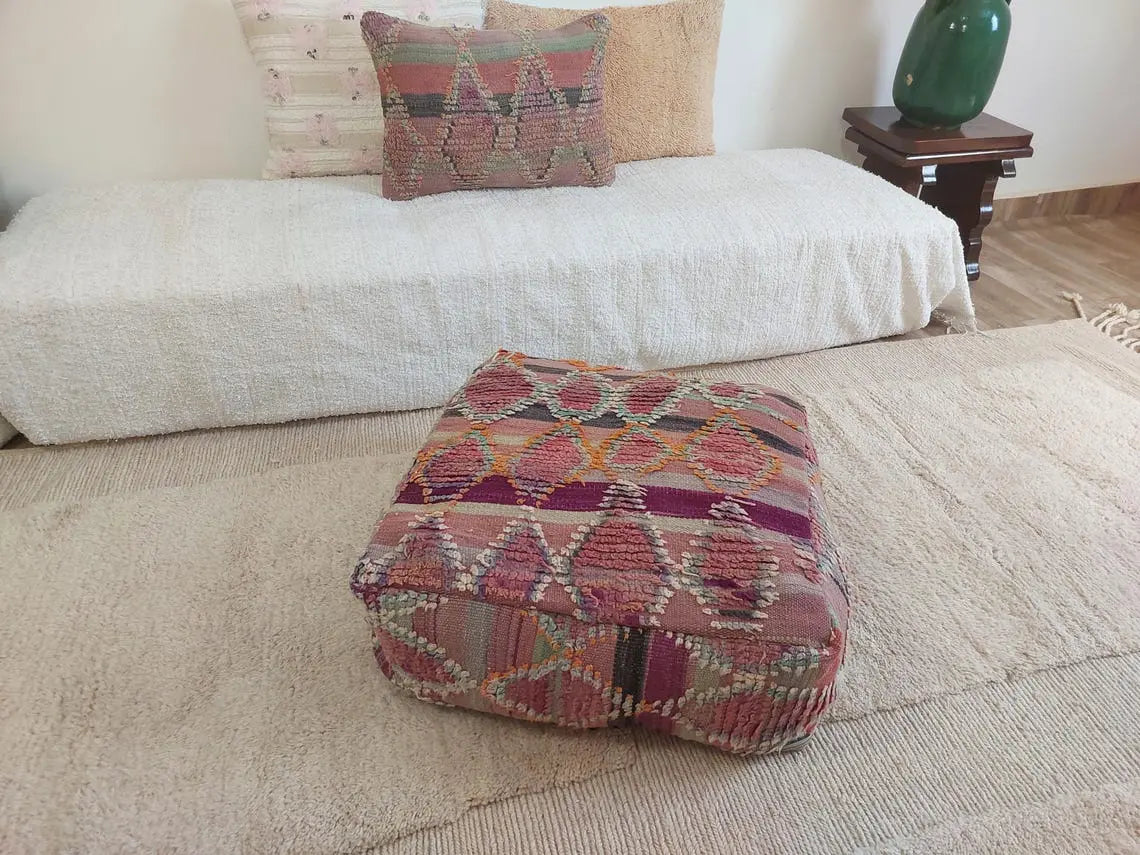 Moroccan Wool Pouf Purple Green: Square Artisanal Ottoman Floor Seat MoroccanBazzArts