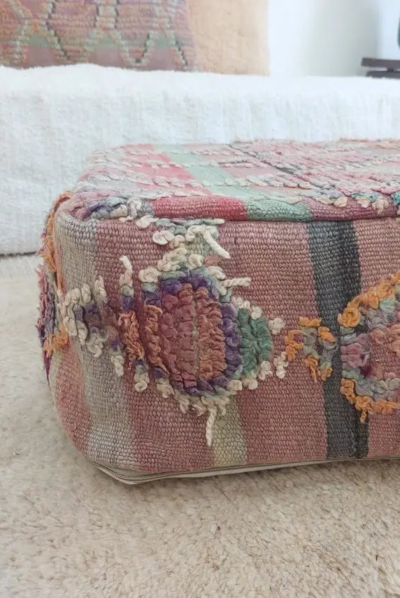 Moroccan Wool Pouf Purple Green: Square Artisanal Ottoman Floor Seat MoroccanBazzArts