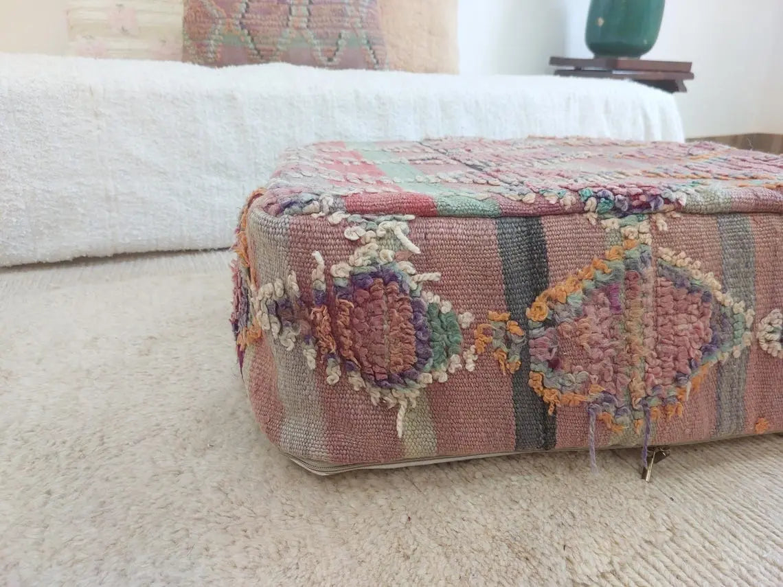 Moroccan Wool Pouf Purple Green: Square Artisanal Ottoman Floor Seat MoroccanBazzArts