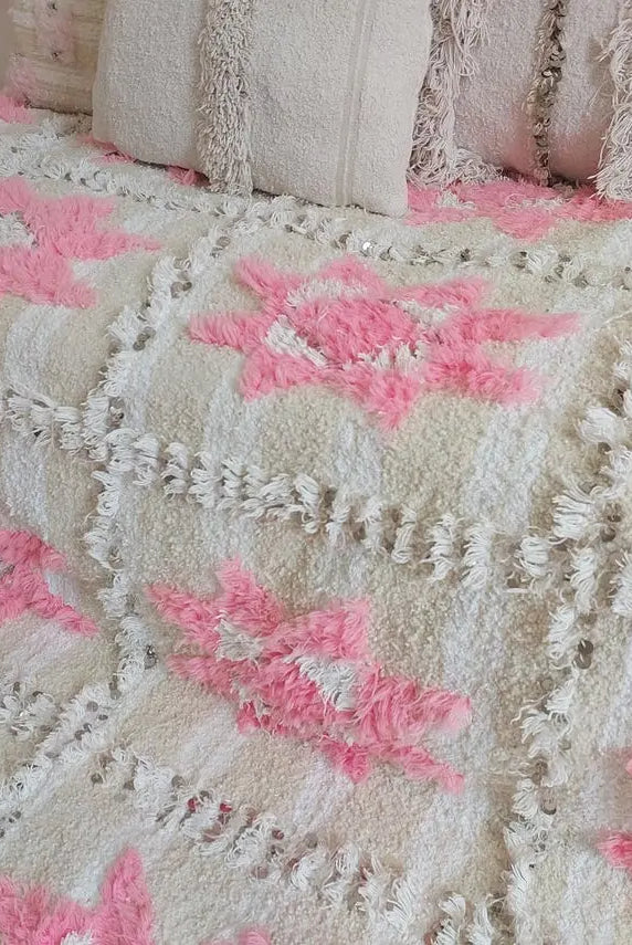 Moroccan Handira Wedding Blanket - Pink Berber Wool Throw - La Vie en Rose Handcrafted Gift MoroccanBazzArts