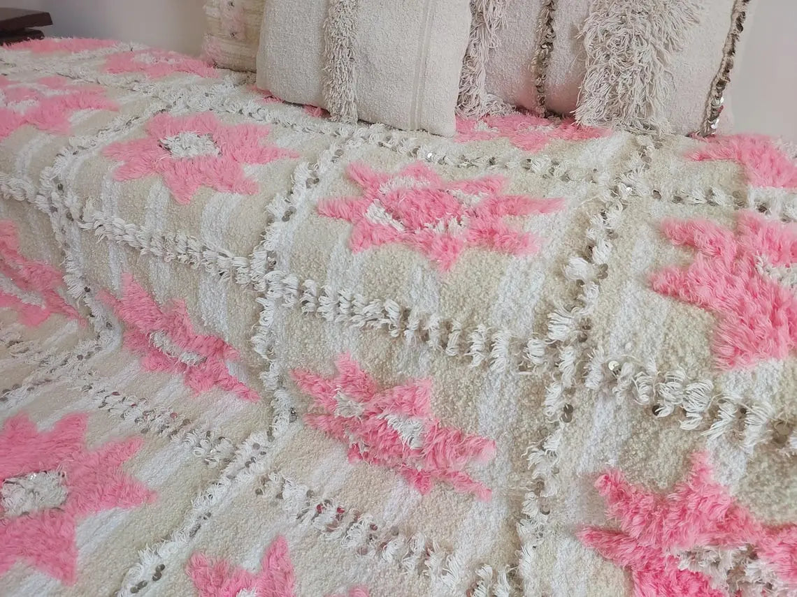 Moroccan Handira Wedding Blanket - Pink Berber Wool Throw - La Vie en Rose Handcrafted Gift MoroccanBazzArts
