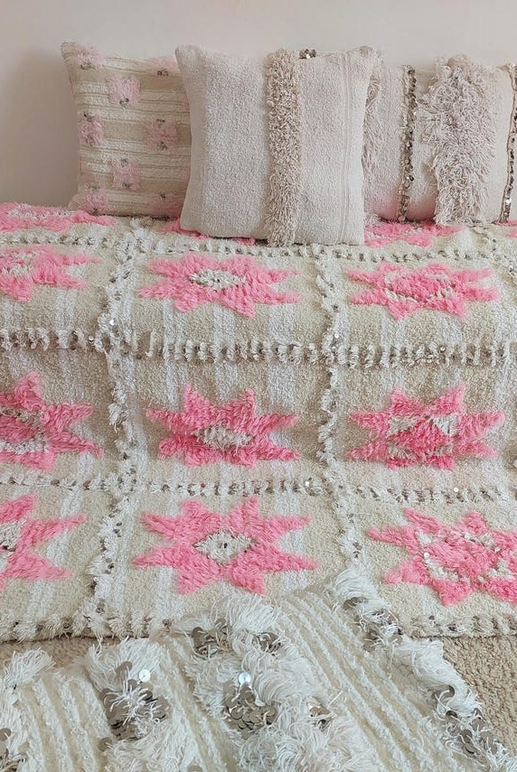 Moroccan Handira Wedding Blanket - Pink Berber Wool Throw - La Vie en Rose Handcrafted Gift MoroccanBazzArts