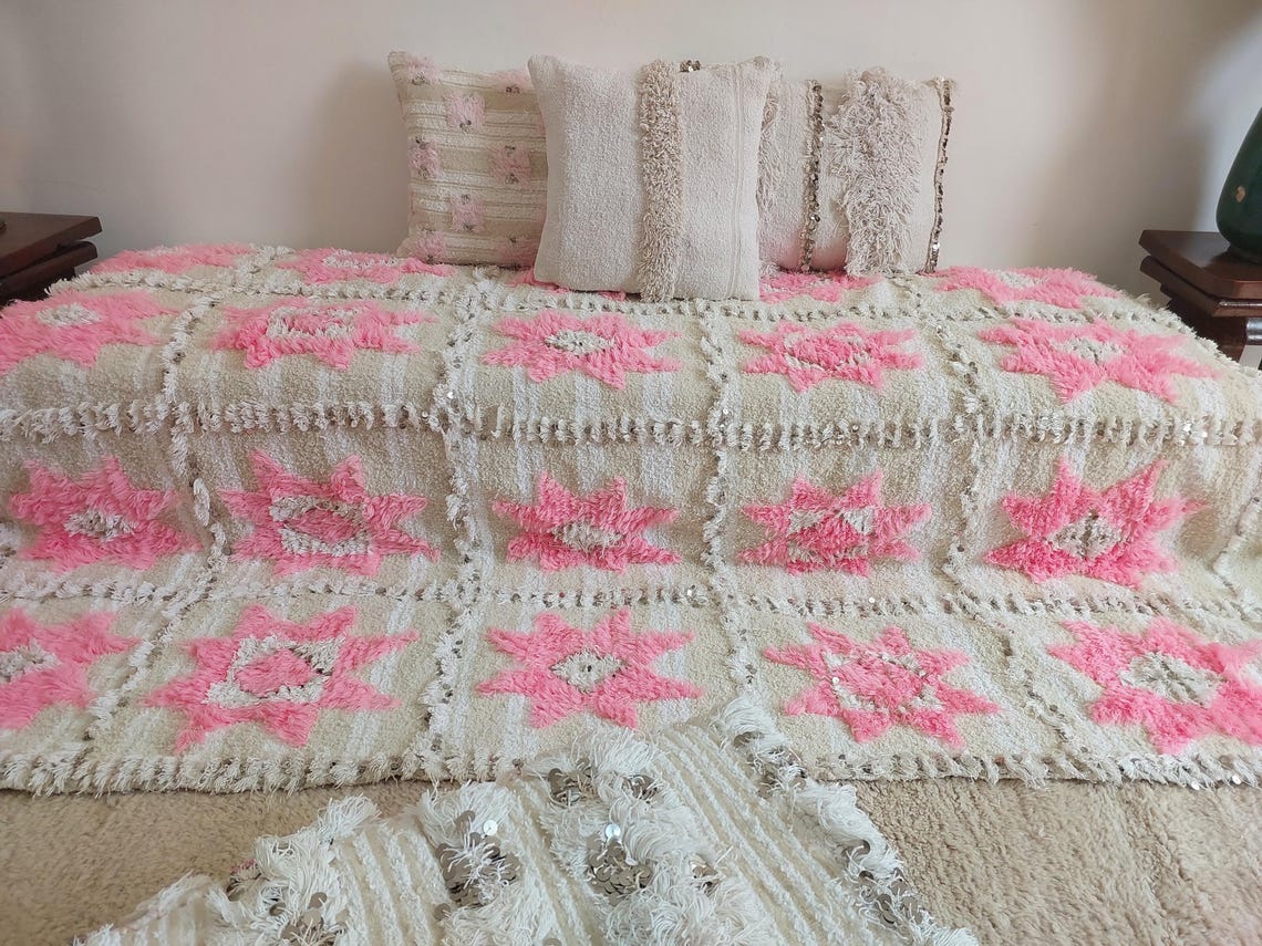 Moroccan Handira Wedding Blanket - Pink Berber Wool Throw - La Vie en Rose Handcrafted Gift MoroccanBazzArts
