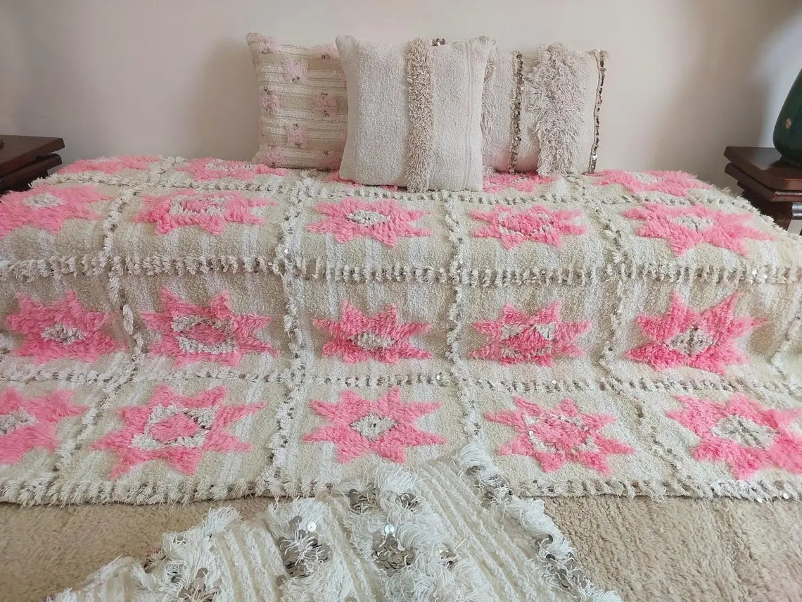 Moroccan Handira Wedding Blanket - Pink Berber Wool Throw - La Vie en Rose Handcrafted Gift MoroccanBazzArts
