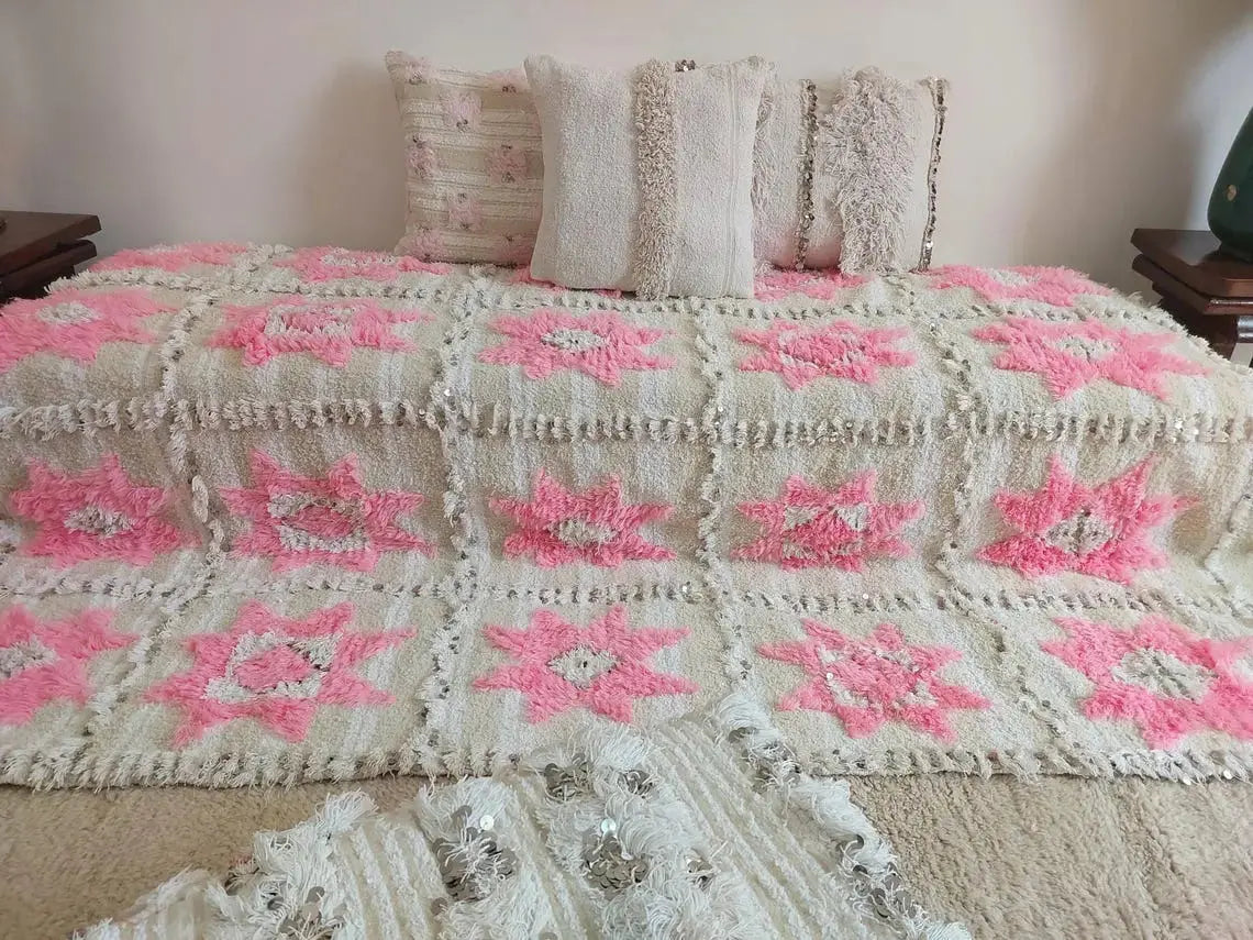 Moroccan Handira Wedding Blanket - Pink Berber Wool Throw - La Vie en Rose Handcrafted Gift MoroccanBazzArts