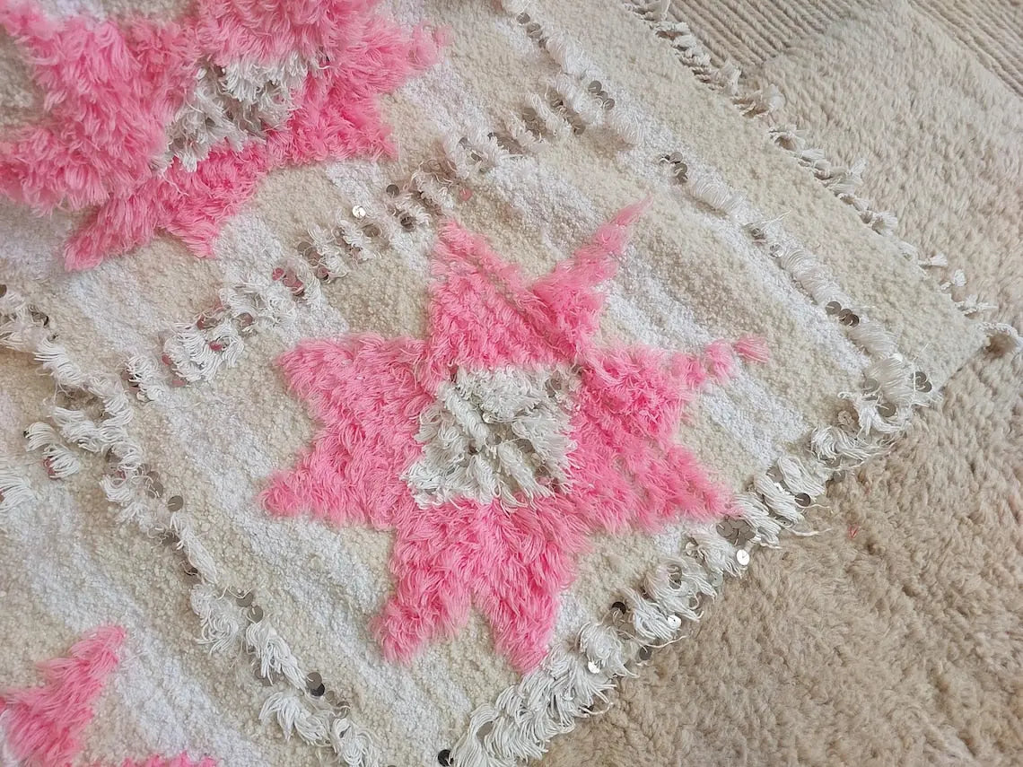 Moroccan Handira Wedding Blanket - Pink Berber Wool Throw - La Vie en Rose Handcrafted Gift MoroccanBazzArts