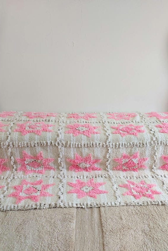 Moroccan Handira Wedding Blanket - Pink Berber Wool Throw - La Vie en Rose Handcrafted Gift MoroccanBazzArts