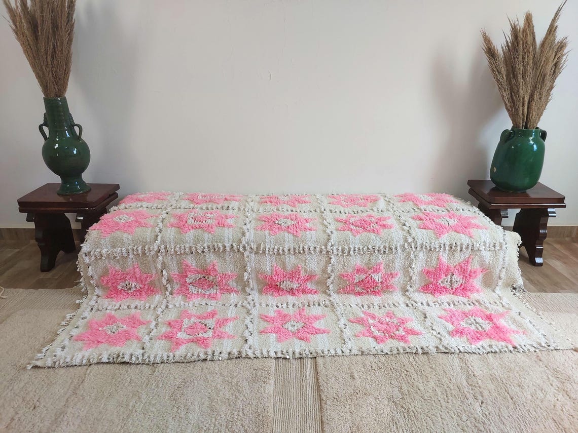Moroccan Handira Wedding Blanket - Pink Berber Wool Throw - La Vie en Rose Handcrafted Gift MoroccanBazzArts