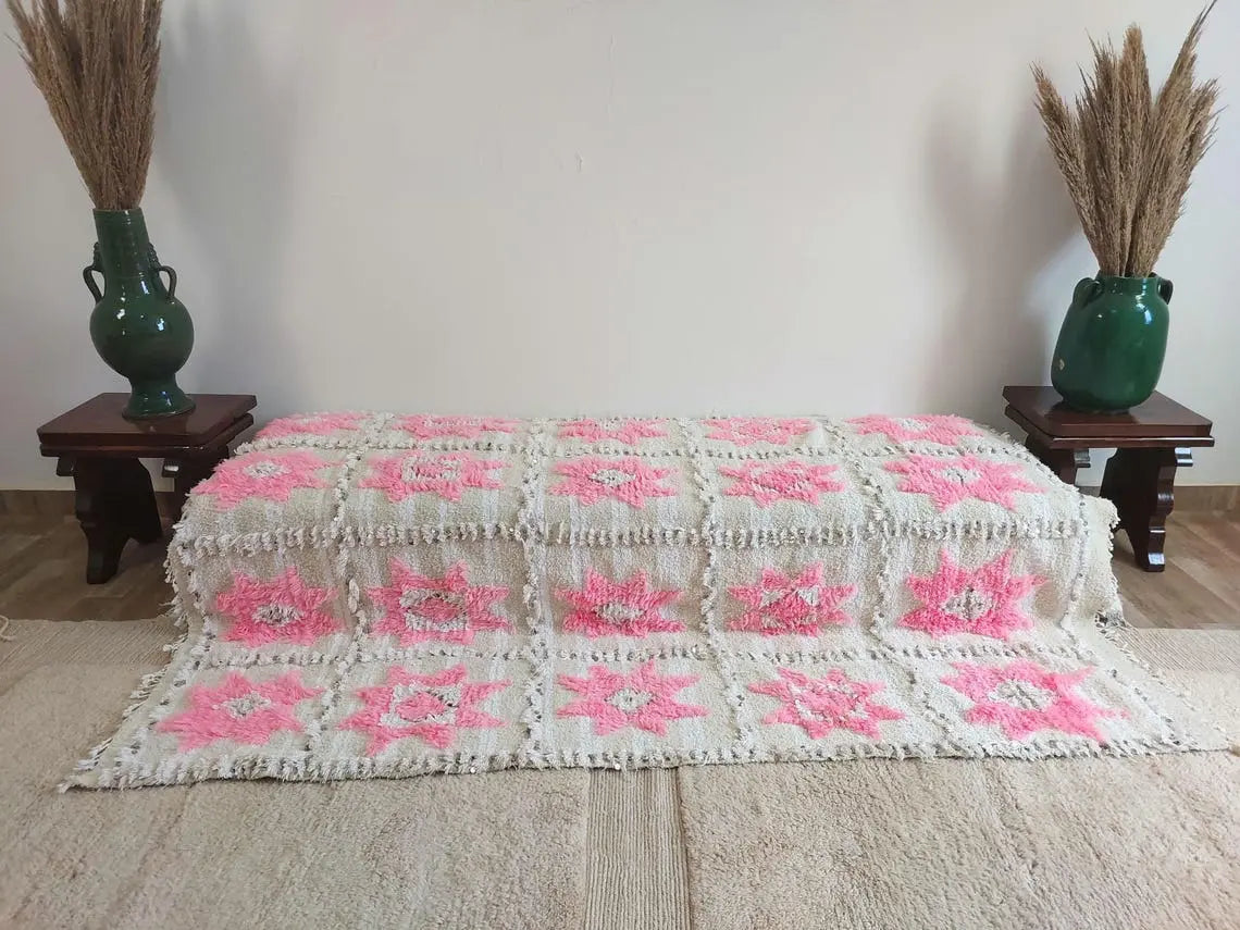 Moroccan Handira Wedding Blanket - Pink Berber Wool Throw - La Vie en Rose Handcrafted Gift MoroccanBazzArts