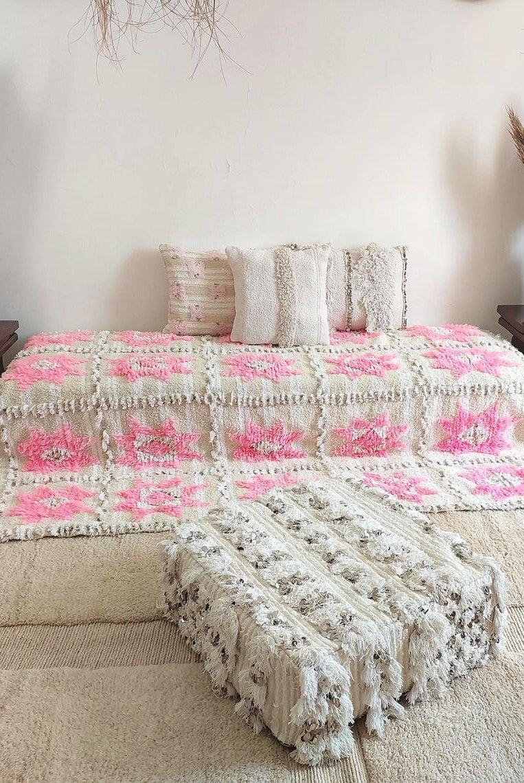 Moroccan Handira Wedding Blanket - Pink Berber Wool Throw - La Vie en Rose Handcrafted Gift MoroccanBazzArts