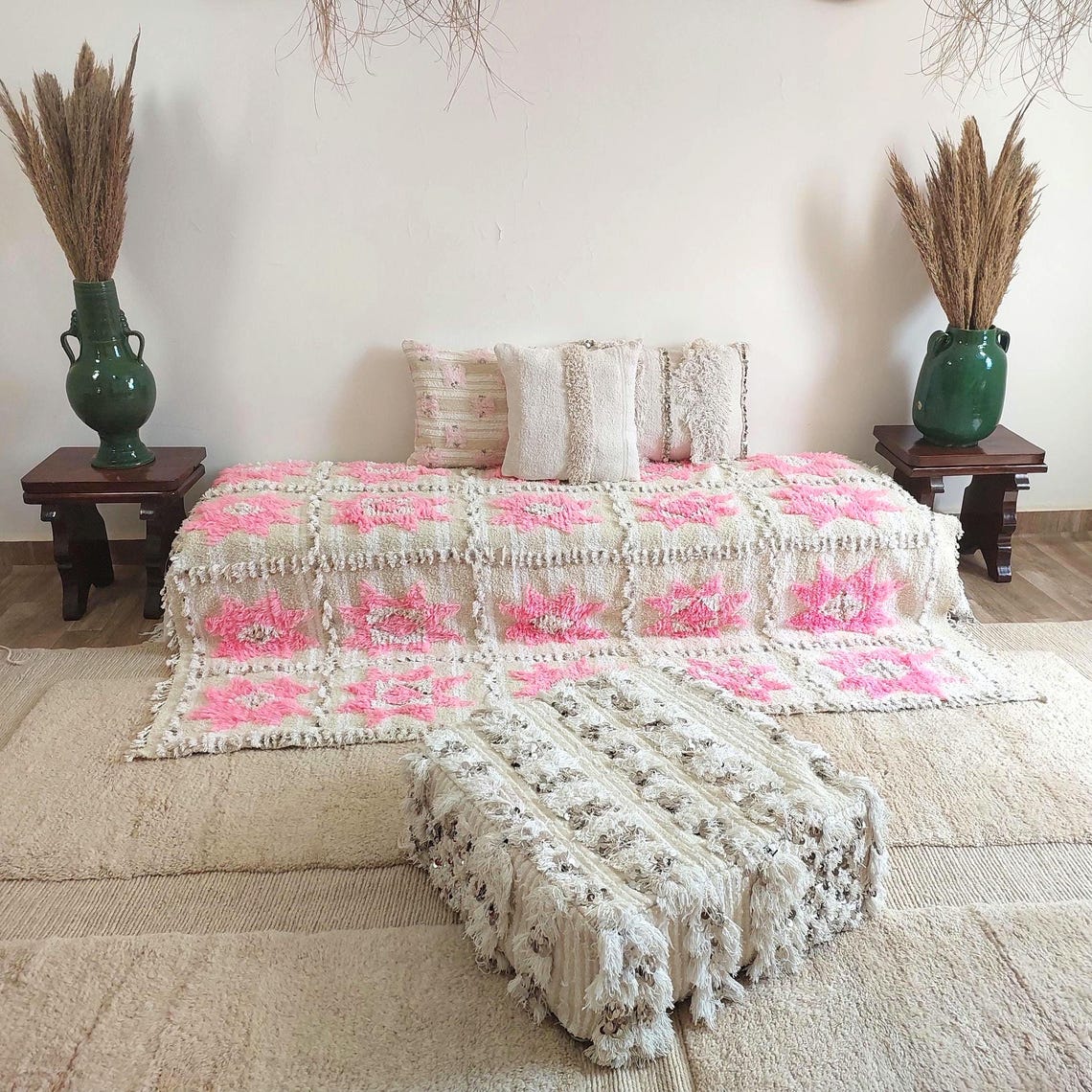 Moroccan Handira Wedding Blanket - Pink Berber Wool Throw - La Vie en Rose Handcrafted Gift MoroccanBazzArts