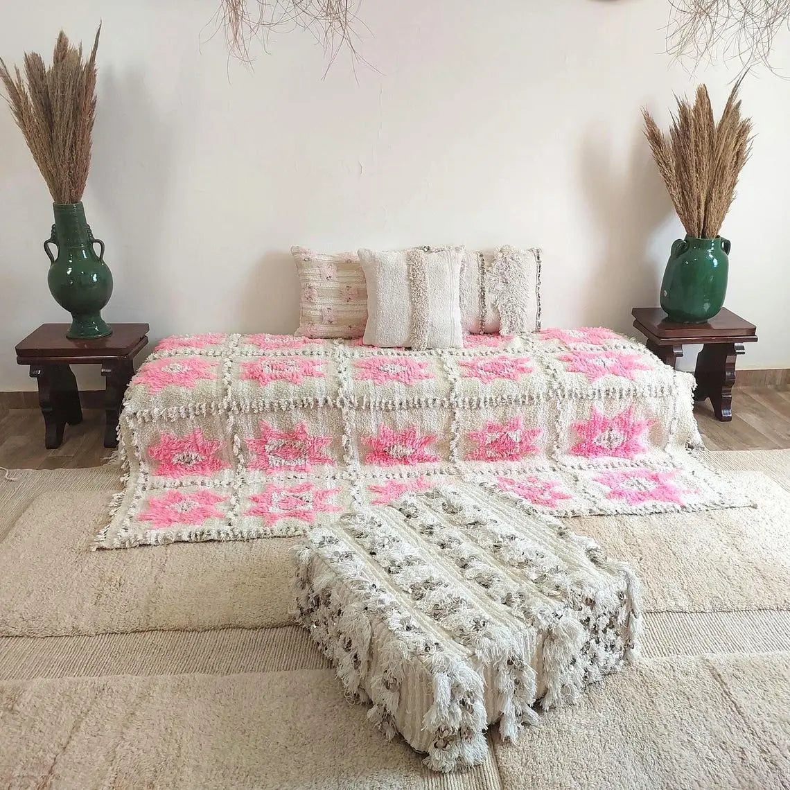 Moroccan Handira Wedding Blanket - Pink Berber Wool Throw - La Vie en Rose Handcrafted Gift MoroccanBazzArts