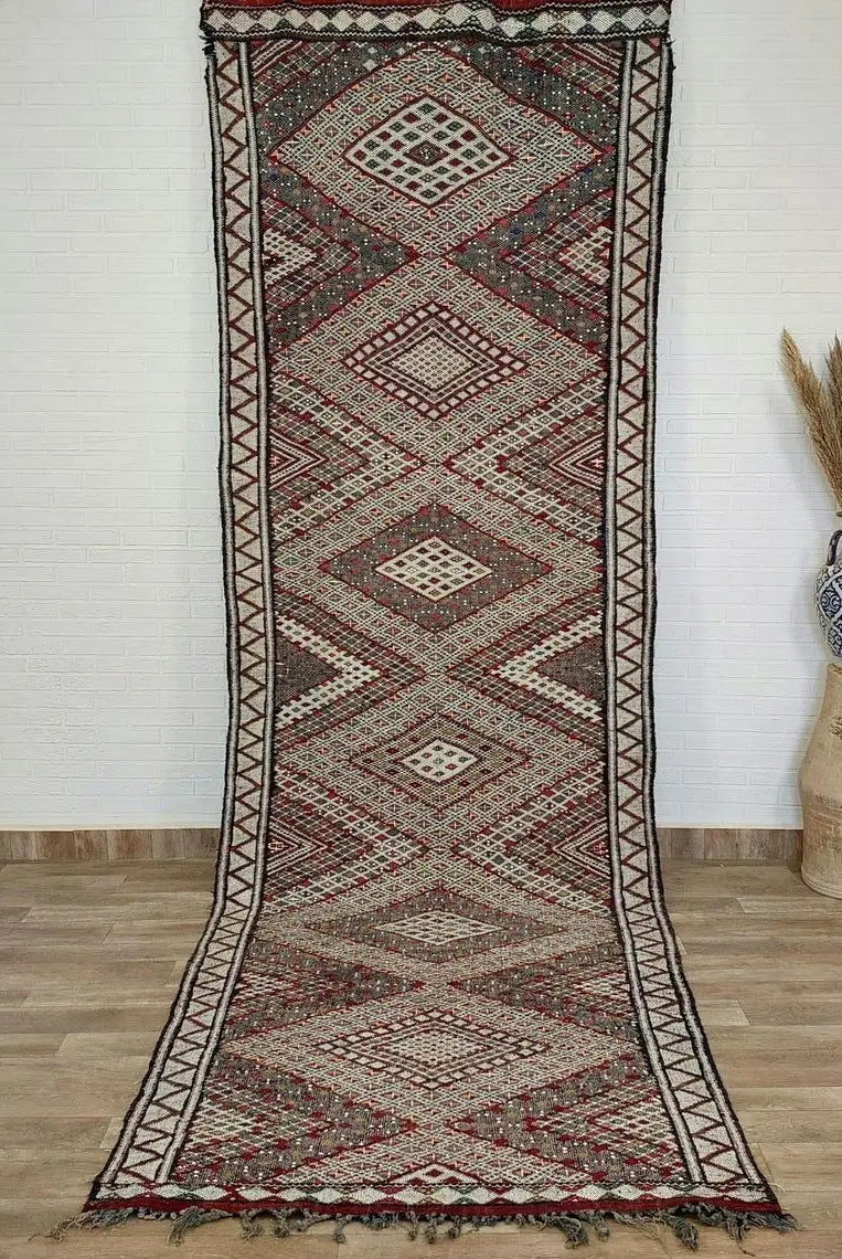 Rare Authentic Berber Beni Mguild Runner Rug: Handwoven Moroccan Kilim Tarahalt Artisan Carpet 4'1"x12'5" MoroccanBazzArts