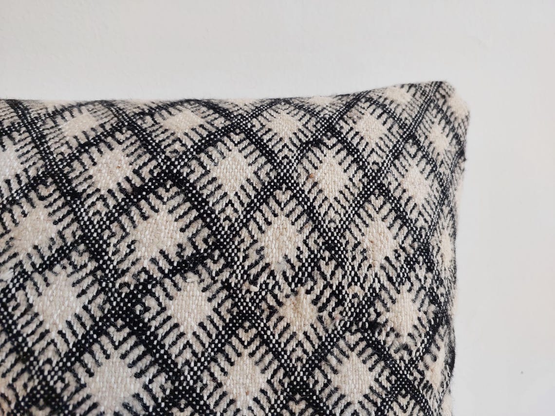 Vintage Moroccan Kilim Pillow , Handmade Berber Floor Cushion, Wool Pillow , In Black And White 14x18 Inches MoroccanBazzArts