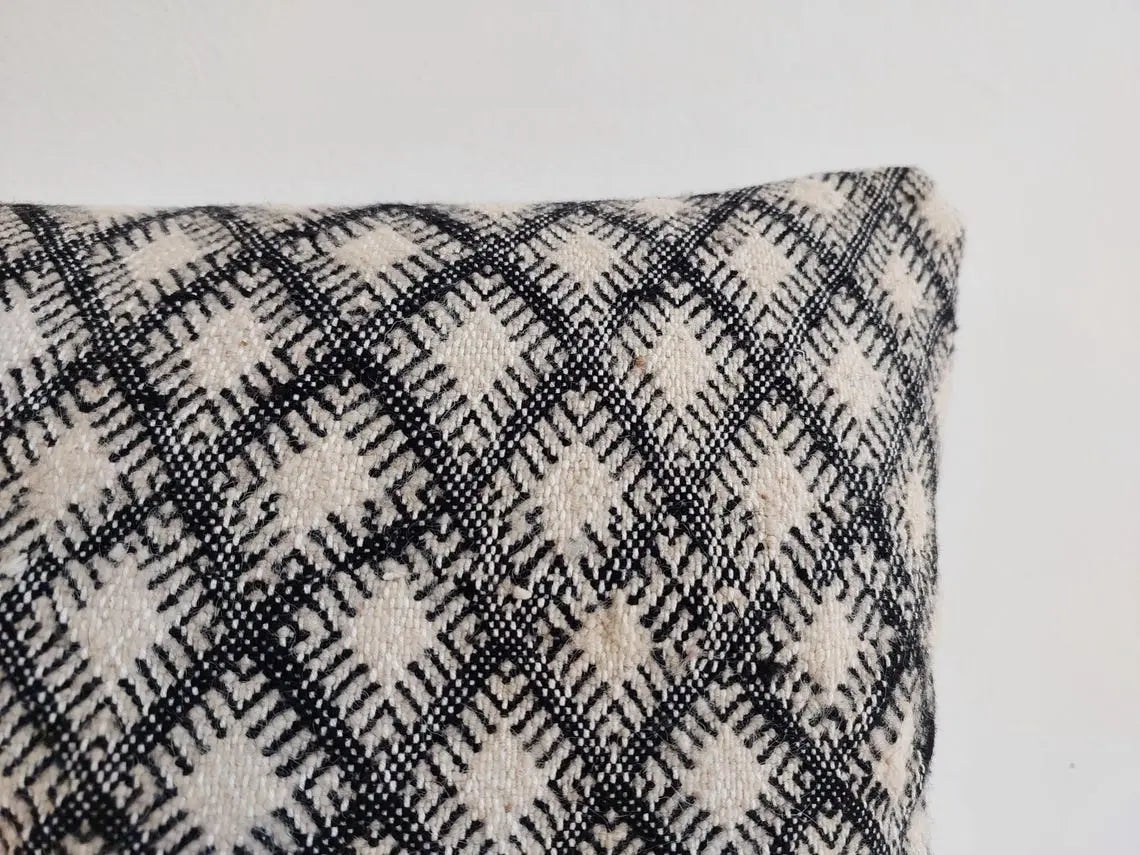 Vintage Moroccan Kilim Pillow , Handmade Berber Floor Cushion, Wool Pillow , In Black And White 14x18 Inches MoroccanBazzArts