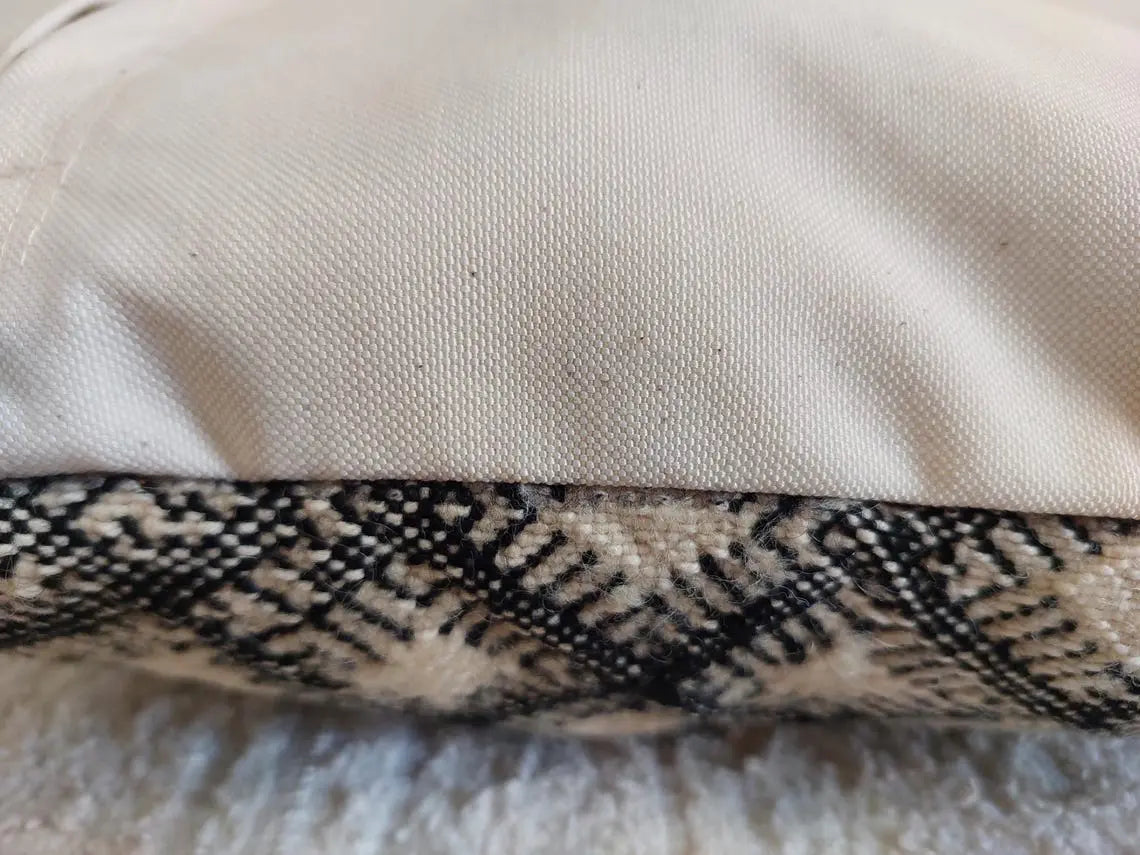 Vintage Moroccan Kilim Pillow , Handmade Berber Floor Cushion, Wool Pillow , In Black And White 14x18 Inches MoroccanBazzArts