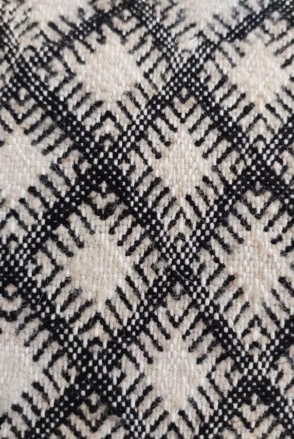 Vintage Moroccan Kilim Pillow , Handmade Berber Floor Cushion, Wool Pillow , In Black And White 14x18 Inches MoroccanBazzArts