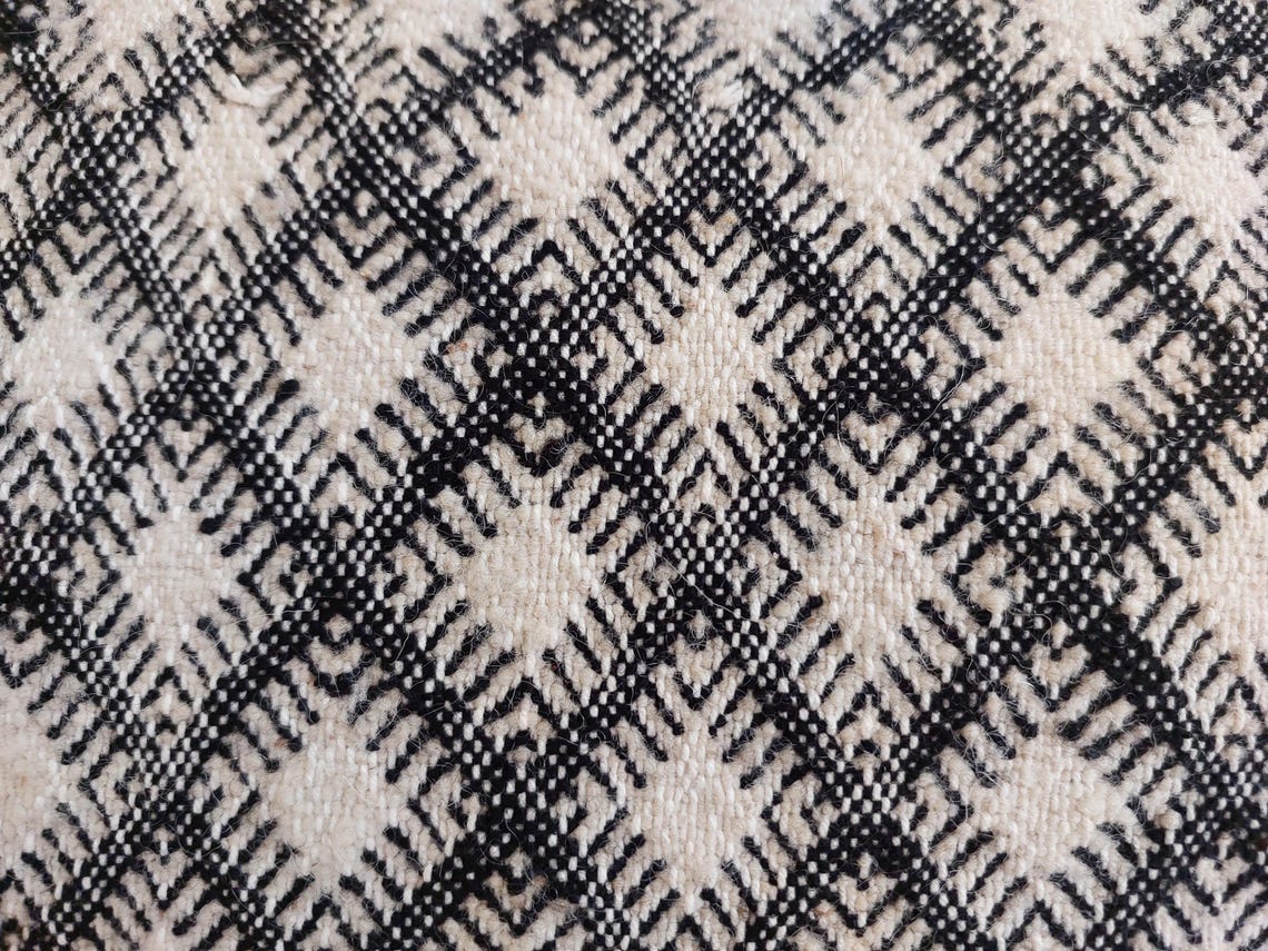 Vintage Moroccan Kilim Pillow , Handmade Berber Floor Cushion, Wool Pillow , In Black And White 14x18 Inches MoroccanBazzArts