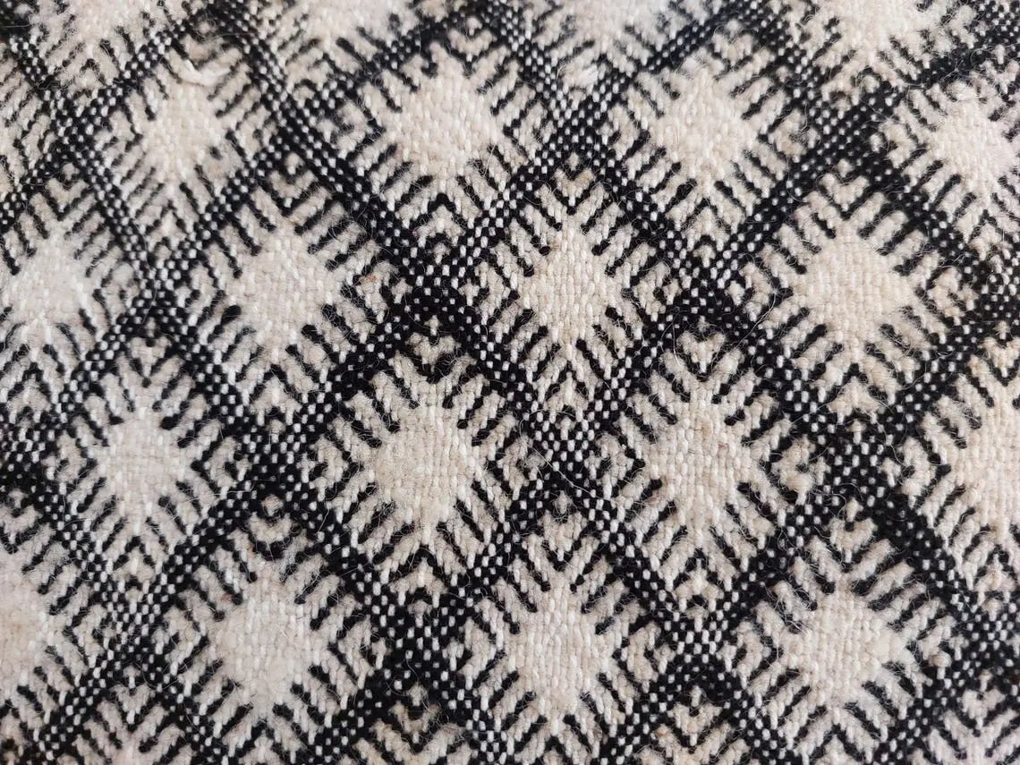 Vintage Moroccan Kilim Pillow , Handmade Berber Floor Cushion, Wool Pillow , In Black And White 14x18 Inches MoroccanBazzArts