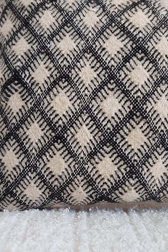 Vintage Moroccan Kilim Pillow , Handmade Berber Floor Cushion, Wool Pillow , In Black And White 14x18 Inches MoroccanBazzArts