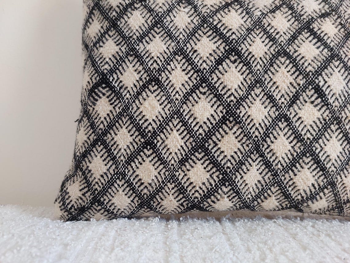 Vintage Moroccan Kilim Pillow , Handmade Berber Floor Cushion, Wool Pillow , In Black And White 14x18 Inches MoroccanBazzArts