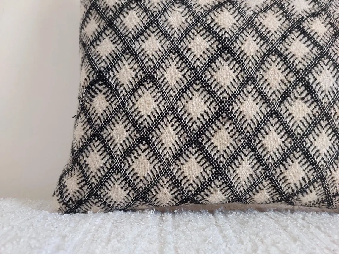Vintage Moroccan Kilim Pillow , Handmade Berber Floor Cushion, Wool Pillow , In Black And White 14x18 Inches MoroccanBazzArts