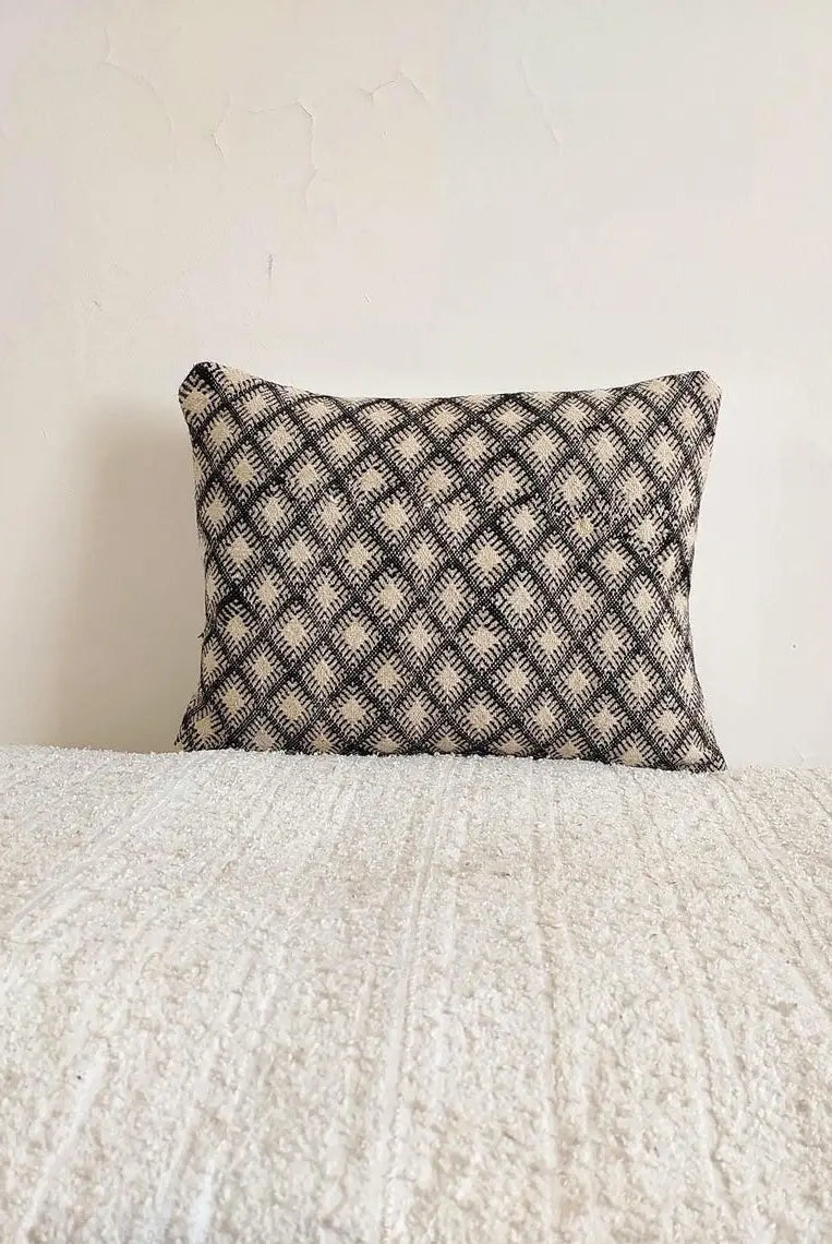 Vintage Moroccan Kilim Pillow , Handmade Berber Floor Cushion, Wool Pillow , In Black And White 14x18 Inches MoroccanBazzArts