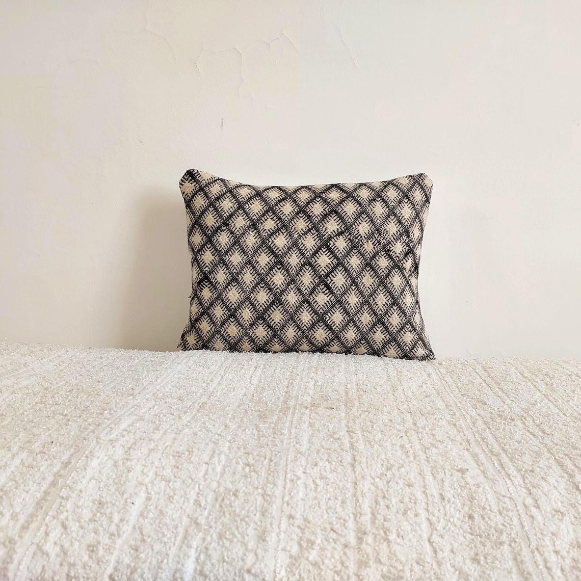 Vintage Moroccan Kilim Pillow , Handmade Berber Floor Cushion, Wool Pillow , In Black And White 14x18 Inches MoroccanBazzArts