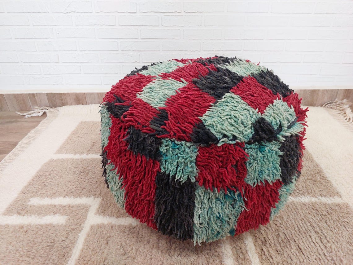 Vintage Berber Rug Ottoman Pouf: Handmade Moroccan Floor Cushion With Checkered Pattern MoroccanBazzArts