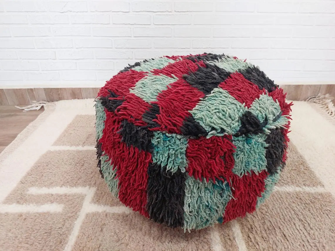 Vintage Berber Rug Ottoman Pouf: Handmade Moroccan Floor Cushion With Checkered Pattern MoroccanBazzArts