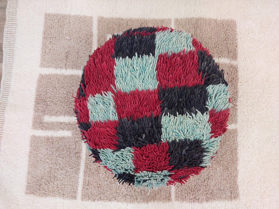 Vintage Berber Rug Ottoman Pouf: Handmade Moroccan Floor Cushion With Checkered Pattern MoroccanBazzArts