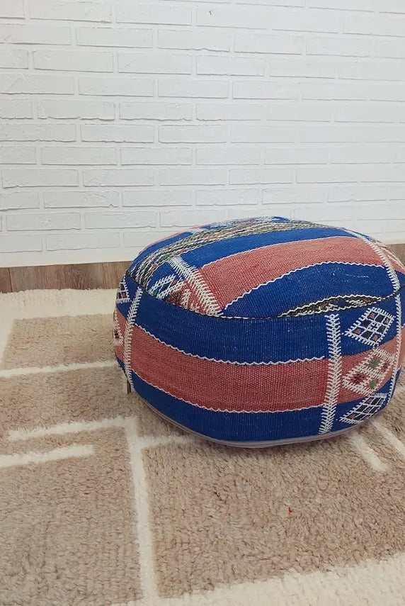 Vintage Berber Kilim Round Ottoman Pouf: Handmade Moroccan Floor Cushion For Boho Home Decor MoroccanBazzArts