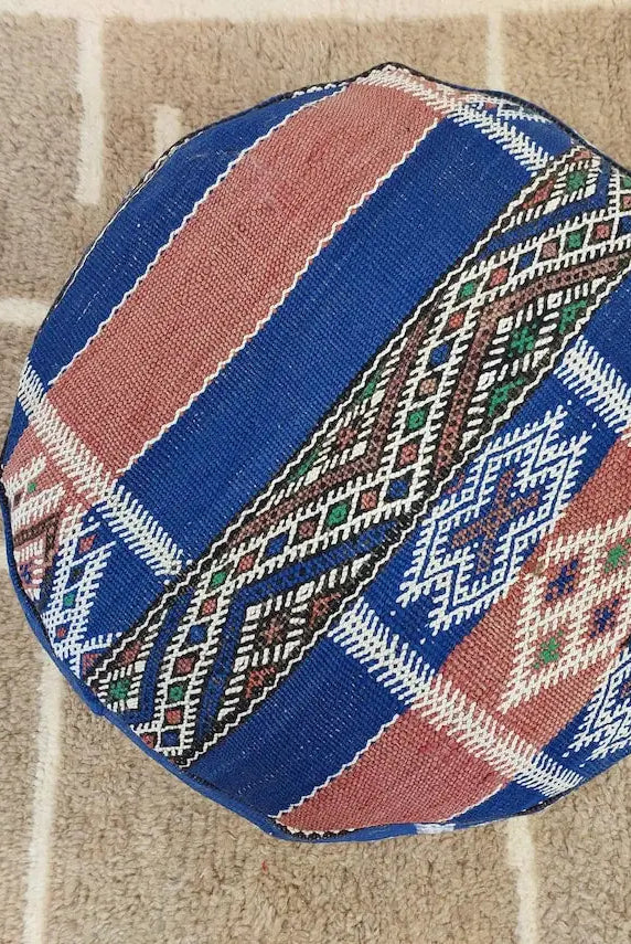Vintage Berber Kilim Round Ottoman Pouf: Handmade Moroccan Floor Cushion For Boho Home Decor MoroccanBazzArts