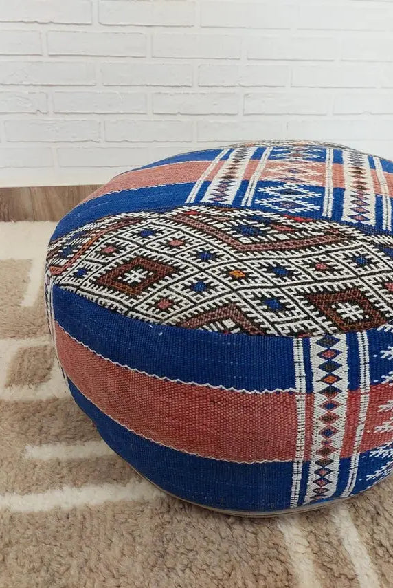 Vintage Berber Kilim Round Ottoman Pouf: Handmade Moroccan Floor Cushion For Boho Home Decor MoroccanBazzArts
