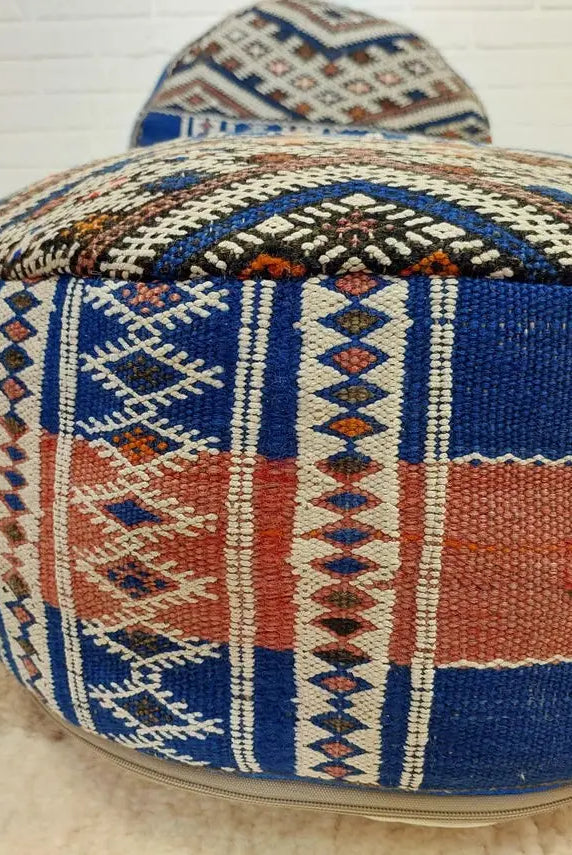 Vintage Berber Kilim Round Ottoman Pouf: Handmade Moroccan Floor Cushion For Boho Home Decor MoroccanBazzArts